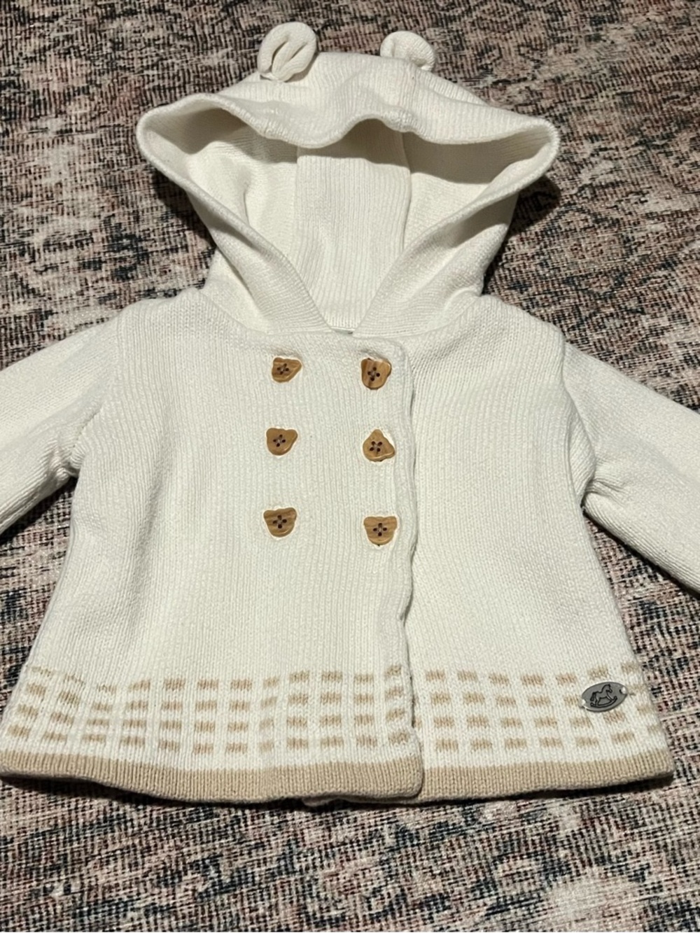 Cream Hooded Knit Baby Jacket with Bear Buttons
